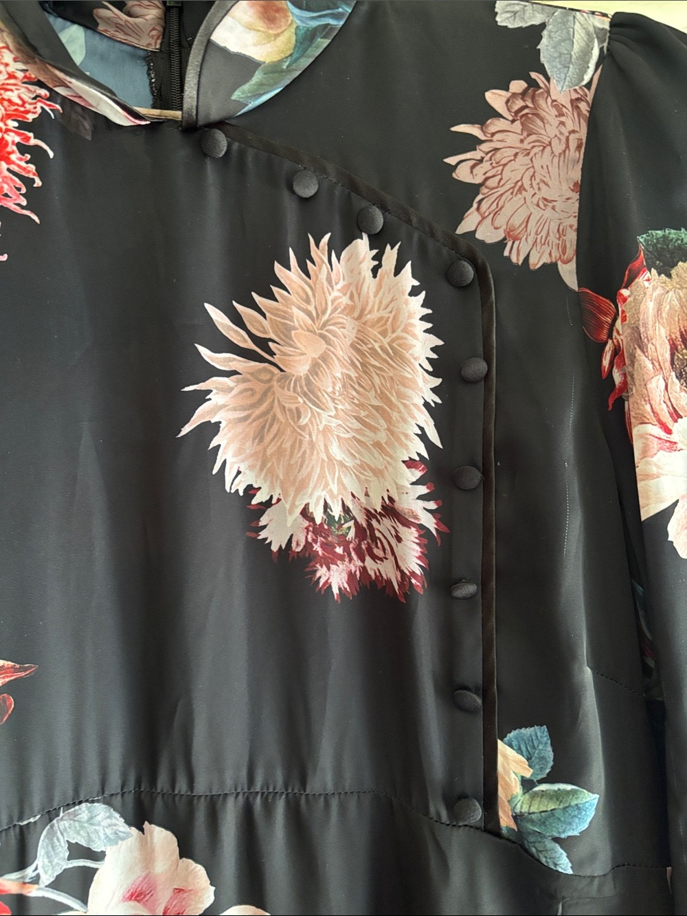 Zara Black Long Sleeve Floral Midi Dress with Pink & Red Blooms - Picture 3 of 6